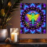 Centered Mandala stretched canvas print by Primal Painter featuring a Rainbow fairy with arms stretched overhead holding lights in her hand inside a circle with an intricate mandala border in multiple rainbow layers. Hanging over an altar shelf with candles