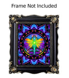 Visionary art print of a rainbow fairy with raised arms encircled by a colorful mandala border called "Centered" by Primal Painter. Displayed in a frame with text Frame Not Included