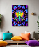 Centered Mandala stretched canvas print by Primal Painter featuring a Rainbow fairy with arms stretched overhead holding lights in her hand inside a circle with an intricate mandala border in multiple rainbow layers. Hanging over a meditation space with colorful pillows