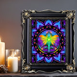 Visionary art print of a rainbow fairy with raised arms encircled by a colorful mandala border called "Centered" by Primal Painter. Framed on a shelf with candles