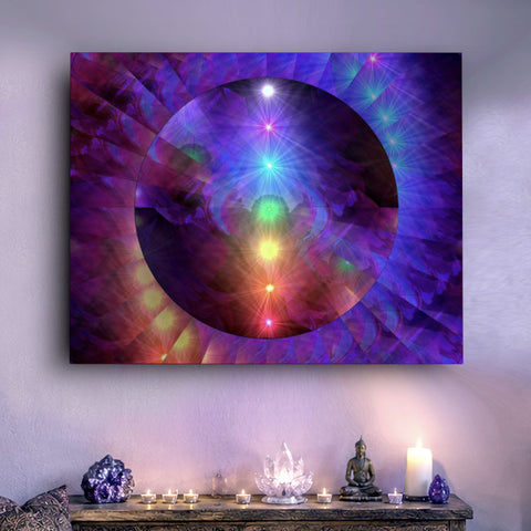 Chakra Canvas Print, Seven Chakra Orb with Rainbow Rays, Visionary Art Wall Decor