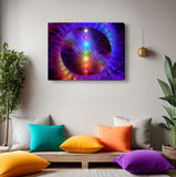 Chakra Alignment by Primal Painter is a stretched canvas print featuring a purple orb with the seven chakra colors aligned in a row and surrounded by rainbow spiraling rays. Hanging over a meditation space with colorful pillows