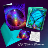 Rainbow chakra necklace gift set with matching greeting card, envelope, and message card 