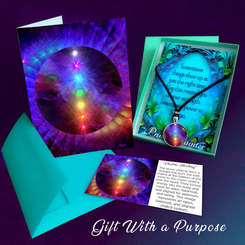 Rainbow chakra necklace gift set with matching greeting card, envelope, and message card 