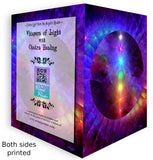 Rainbow chakra artwork on a spread open greeting card showing the back and front with text describing title