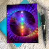 Rainbow chakra art greeting card with a teal envelope