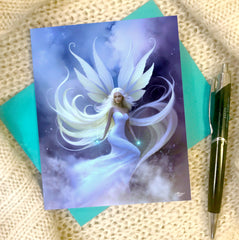 Greeting card by Primal Painter featuring a blue, violet, and white fairy with white flowing hair, floating in the clouds called Sylph Windsong. 