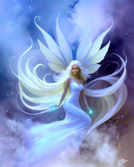 beautifu fairy art by Primal Painter with a pale blue dress, white wings and hair,  floating in blue, purple, and white clouds