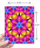 Greeting card dimensions featuring a colorful star shaped mandala artwork as a greeting card with a blue envelope
