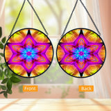 Front and back view. Textured glass suncatcher featuring a mandala with six points representing Connections in vibrant pink, yellow and blue colors 