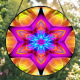 Textured glass suncatcher featuring a mandala with six points representing Connections in vibrant pink, yellow and blue colors 
