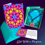 3 piece mandala art gift set with matching necklace, greeting card, and symbolism card with a gift box