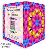Front and back of  a greeting card featuring colorful star shaped mandala artwork. Text on back