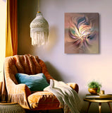 Abstract Art Canvas print in earth tones by Primal Painter displayed in a  living room with a pendant lamp