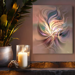 Abstract Art Canvas print in earth tones by Primal Painter displayed on a shelf with a candle