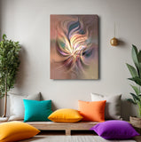Abstract Art Canvas print in earth tones by Primal Painter displayed in a meditation room with colorful pillows

