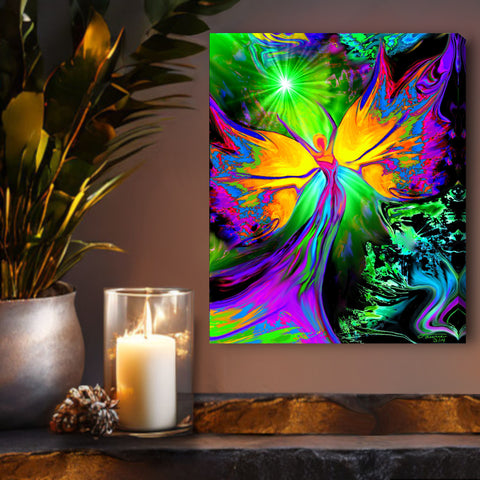 Stretched canvas print called From Dark to Light by Primal Painter featuring a colorful abstract Reiki angel figure, intended as a spiritual and metaphysical art piece. Hanging above a shelf