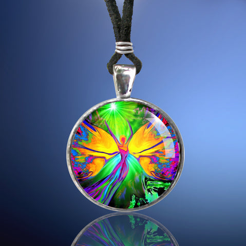 round necklace featuring Primal Painter chakra angel art of a rainbow colored fairy with upstretched arms and sealed under glass