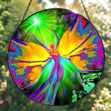 Textured round glass suncatcher featuring rainbow fairy artwork by Primal Painter. 