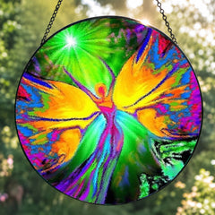 Textured round glass suncatcher featuring rainbow fairy artwork by Primal Painter. 