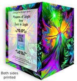 Spread front and back of greeting card featuring rainbow fairy artwork on the front, text, title on the back