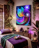 The Divine Path by Primal Painter is a stretched canvas print featuring an angel holding a white orb, huge rainbow wings and dress, blue orbs in one hand, moving up spiraling rainbow steps toward a violet light source. hanging in a Reiki therapy room