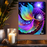 The Divine Path by Primal Painter is a stretched canvas print featuring an angel holding a white orb, huge rainbow wings and dress, blue orbs in one hand, moving up spiraling rainbow steps toward a violet light source. Hanging above a shelf with candles