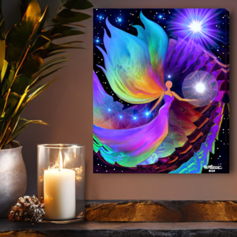 The Divine Path by Primal Painter is a stretched canvas print featuring an angel holding a white orb, huge rainbow wings and dress, blue orbs in one hand, moving up spiraling rainbow steps toward a violet light source. Hanging above a shelf with candles