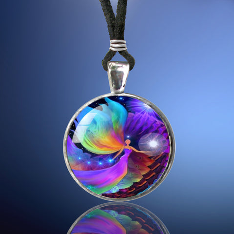 round necklace featuring rainbow angel art by Primal Painter of a spiraling path being illuminated by a rainbow colored angel and sealed under glass
