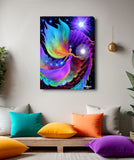 The Divine Path by Primal Painter is a stretched canvas print featuring an angel holding a white orb, huge rainbow wings and dress, blue orbs in one hand, moving up spiraling rainbow steps toward a violet light source. Hanging over a meditation space with colorful pillows