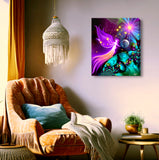 Rainbow guardian angel canvas print with celestial elements by Primal Painter. Hanging over a chair