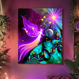 Rainbow guardian angel canvas print with celestial elements by Primal Painter. Hanging on a colorful wall