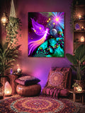 Rainbow guardian angel canvas print with celestial elements by Primal Painter. Hanging in a red boho meditation sanctuary