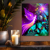 Rainbow guardian angel canvas print with celestial elements by Primal Painter. Hanging over a shelf
