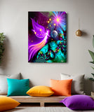 Rainbow guardian angel canvas print with celestial elements by Primal Painter. Hanging over a meditation bench