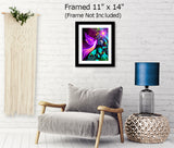 pink guardian angel art with a rainbow starburst and overlooking a green planet, energy art for energy workers and spiritual seekers by Primal Painter framed over a chair