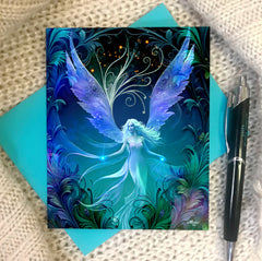 Blue, purple, and black ethereal  fairy art  greeting card with art nouveau flourishes and a feathery border by Primal Painter