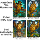 Set of four colorful cards featuring an owl with a top hat and a pipe, each with different titles, Druid Von Hootenstein art by Primal Painter.