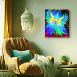 Green, yellow, and blue canvas art print featuring an angel set against blue rays of energy inside red fractal chaotic designs called Ease by Primal Painter. Hanging over a chair