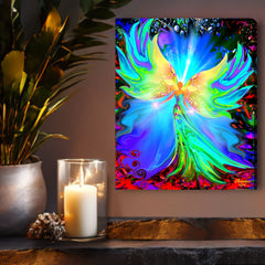 Green, yellow, and blue canvas art print featuring an angel set against blue rays of energy inside red fractal chaotic designs called Ease by Primal Painter. Hanging over a shelf