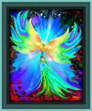 Energy infused artwork of a green angel in a long flowing dress and yellow, sparkling wings presented in a frame