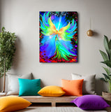 Green, yellow, and blue canvas art print featuring an angel set against blue rays of energy inside red fractal chaotic designs called Ease by Primal Painter. Hanging over a meditation bench