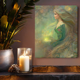Elowen of the Woodland Realm by Primal Painter is a canvas art print in earth tones of moss, yellow ochre, taupe, and brown.Hanging over a wood shelf with a candle