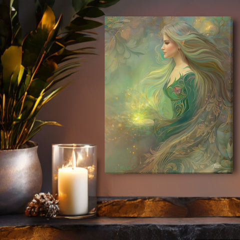 Elowen of the Woodland Realm by Primal Painter is a canvas art print in earth tones of moss, yellow ochre, taupe, and brown.Hanging over a wood shelf with a candle