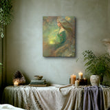 Fantasy art canvas print of an elven lightbringer in soft earth tones, yellow light, and floral elements by Primal Painter hanging over an altar space with candles
