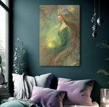 Fantasy art canvas print of an elven lightbringer in soft earth tones, yellow light, and floral elements by Primal Painter hanging over a bed on a teal wall