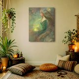 Fantasy art canvas print of an elven lightbringer in soft earth tones, yellow light, and floral elements by Primal Painter hanging in a meditation space