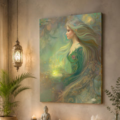 Elowen of the Woodland Realm by Primal Painter is a canvas art print in earth tones of moss, yellow ochre, taupe, and brown. Displayed on a tan wall. 