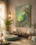 Elowen of the Woodland Realm by Primal Painter is a canvas art print in earth tones of moss, yellow ochre, taupe, and brown. Hanging in a meditation sanctuary.