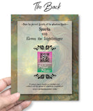 The back of a Goddess art story card with quote and lore of Elowen of the Woodland Realm on the inside by Primal Painter. Earth tones. 